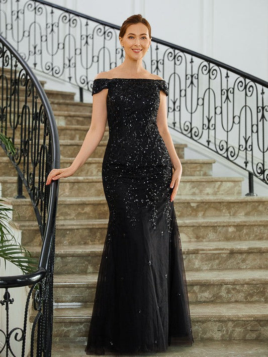 Aimishang Sheath/Column Tulle Beading Off-the-Shoulder Sleeveless Floor-Length Mother of the Bride Dresses