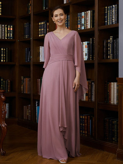 Aimishang A-Line/Princess Chiffon Ruched V-neck 3/4 Sleeves Floor-Length Mother of the Bride Dresses