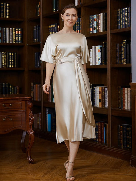 Aimishang Sheath/Column Woven Satin Ruched Scoop Short Sleeves Tea-Length Mother of the Bride Dresses