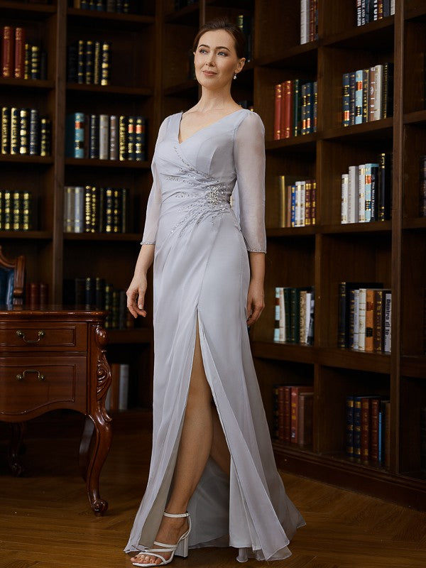 Aimishang Sheath/Column 30D Chiffon Beading V-neck 3/4 Sleeves Floor-Length Mother of the Bride Dresses