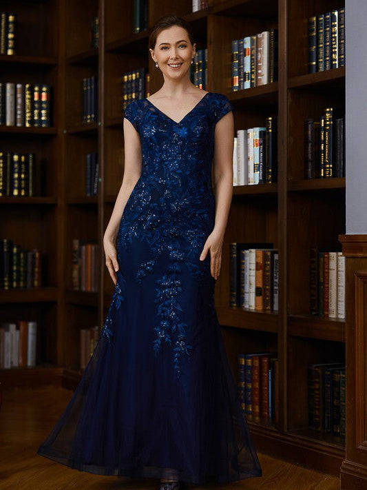 Aimishang Sheath/Column Tulle Applique V-neck Short Sleeves Floor-Length Mother of the Bride Dresses