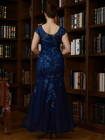 Aimishang Sheath/Column Tulle Applique V-neck Short Sleeves Floor-Length Mother of the Bride Dresses