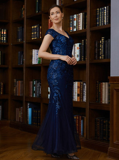 Aimishang Sheath/Column Tulle Applique V-neck Short Sleeves Floor-Length Mother of the Bride Dresses