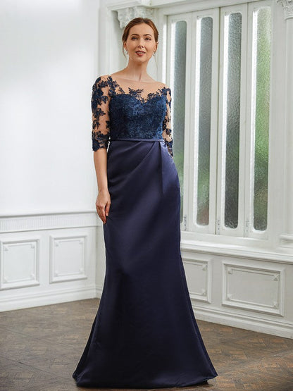 Aimishang Sheath/Column Satin Applique Bateau 1/2 Sleeves Sweep/Brush Train Mother of the Bride Dresses