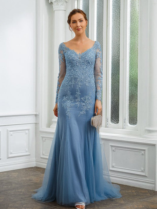 Aimishang Sheath/Column Tulle Applique V-neck Long Sleeves Sweep/Brush Train Mother of the Bride Dresses
