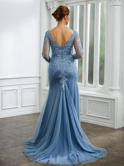 Aimishang Sheath/Column Tulle Applique V-neck Long Sleeves Sweep/Brush Train Mother of the Bride Dresses