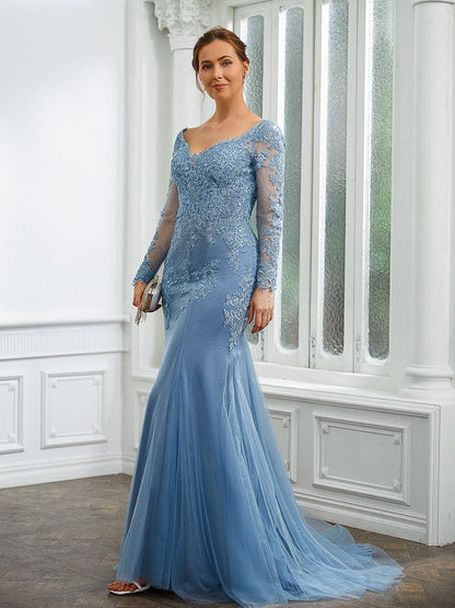 Aimishang Sheath/Column Tulle Applique V-neck Long Sleeves Sweep/Brush Train Mother of the Bride Dresses
