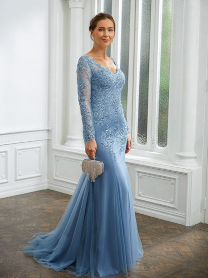 Aimishang Sheath/Column Tulle Applique V-neck Long Sleeves Sweep/Brush Train Mother of the Bride Dresses