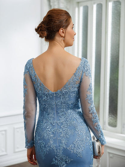 Aimishang Sheath/Column Tulle Applique V-neck Long Sleeves Sweep/Brush Train Mother of the Bride Dresses