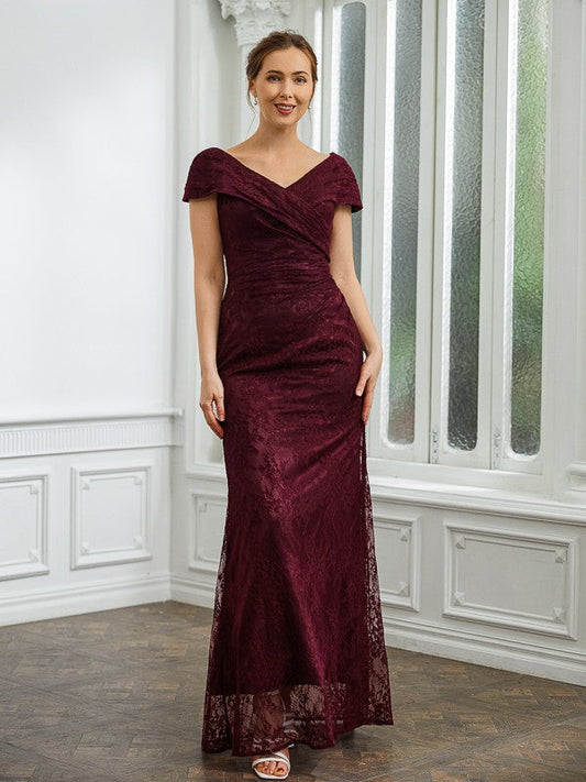 Aimishang Sheath/Column Lace Ruched V-neck Short Sleeves Floor-Length Mother of the Bride Dresses