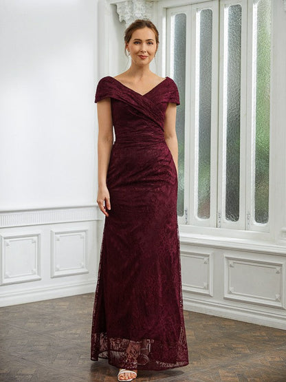 Aimishang Sheath/Column Lace Ruched V-neck Short Sleeves Floor-Length Mother of the Bride Dresses