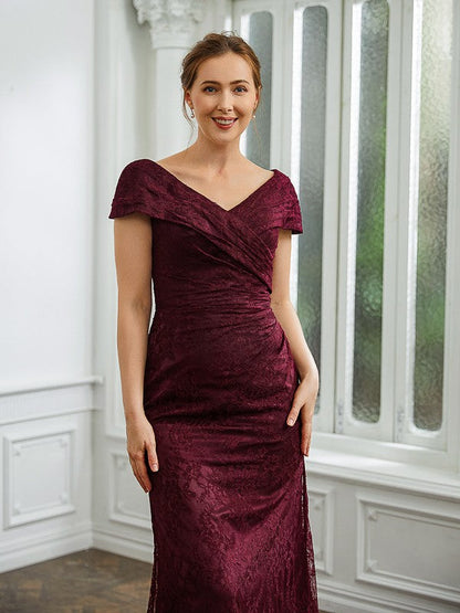 Aimishang Sheath/Column Lace Ruched V-neck Short Sleeves Floor-Length Mother of the Bride Dresses