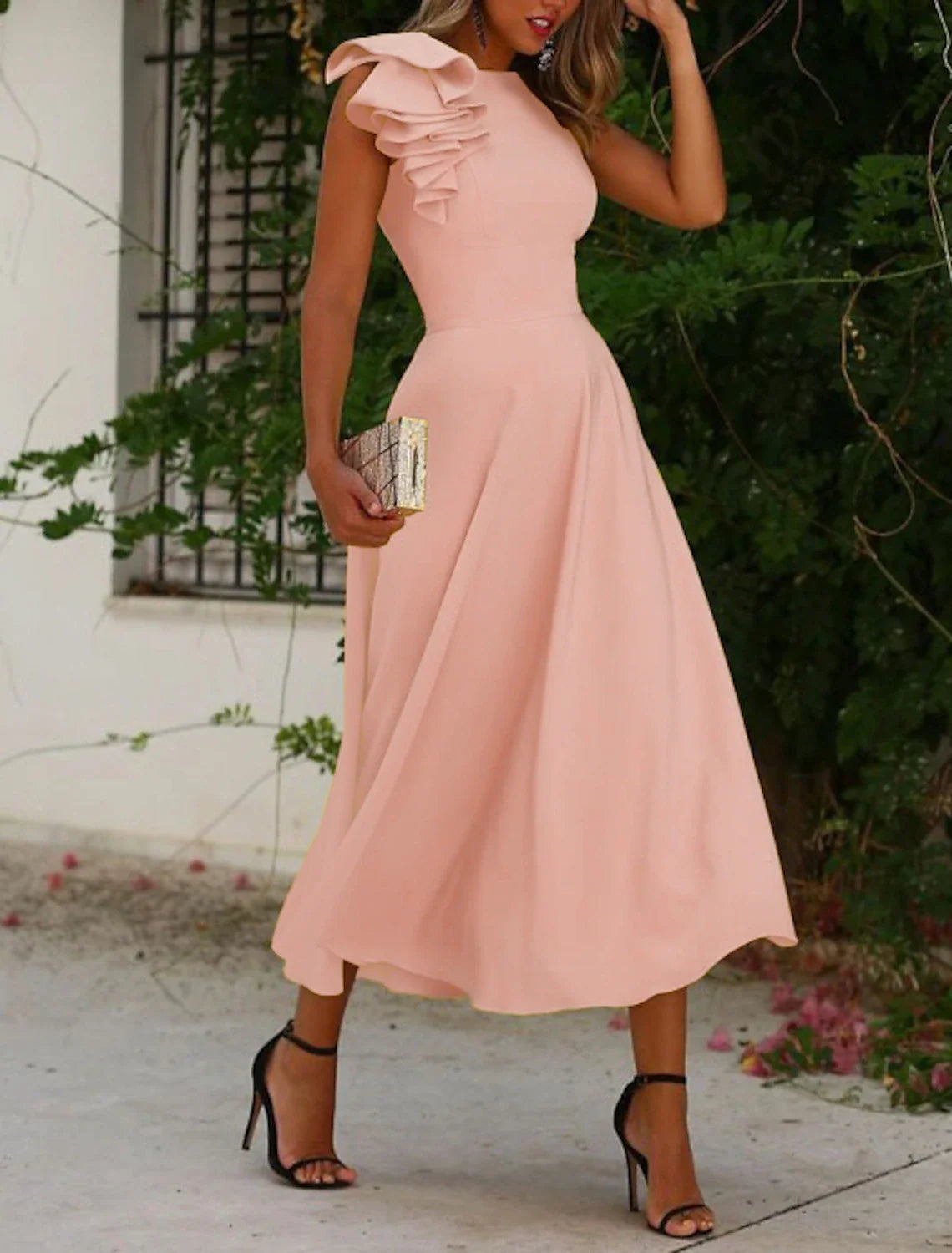 A-Line Cocktail Dresses Minimalist Dress Homecoming Wedding Guest Ankle Length Sleeveless Jewel Neck Fall Wedding Guest  Fabric with Ruffles Pure Color