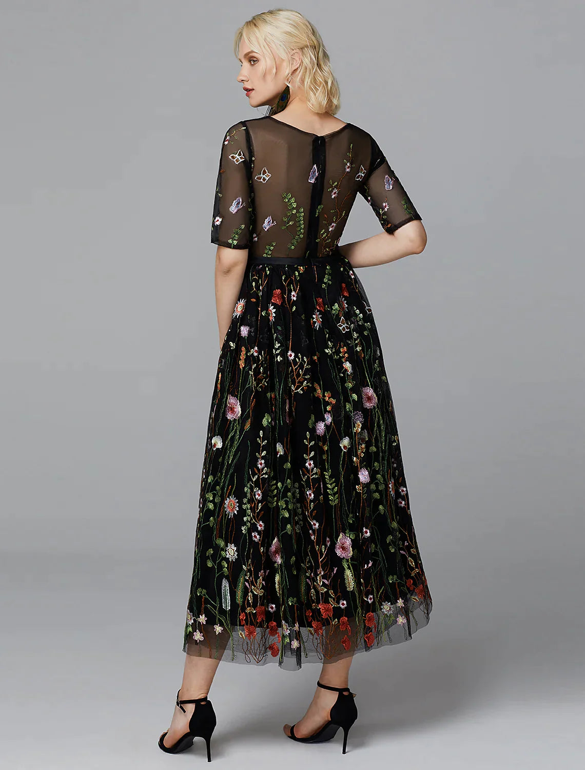 A-Line White Dress Holiday Half Sleeve Lace with Embroidery Appliques