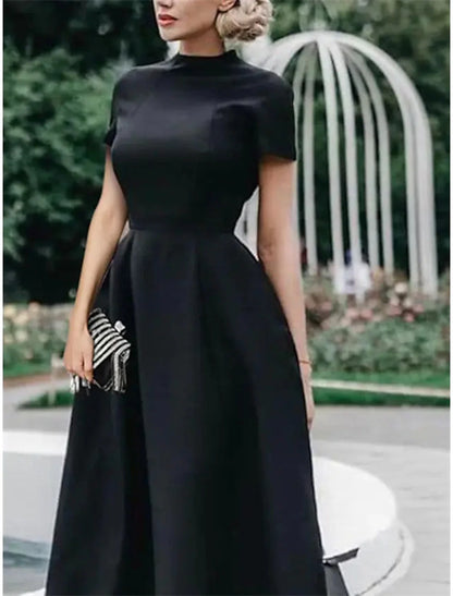 A-Line Wedding Guest Dresses Minimalist Dress Party Dress Wedding Party Tea Length Short Sleeve High Neck  Satin with Pleats Pure Color