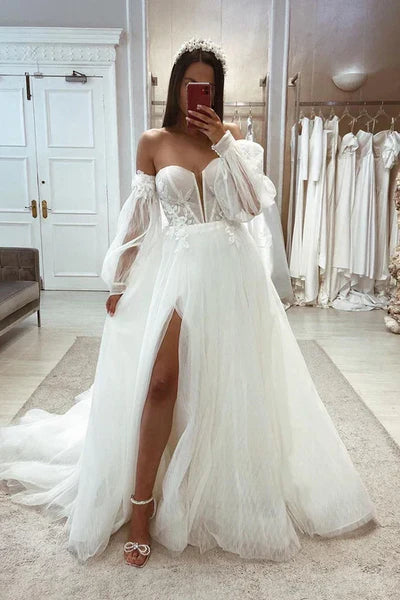 Tulle A-Line Sweetheart Detachable Long Sleeve Lace Applique With Side Slit Wedding Dress Off Shoulder