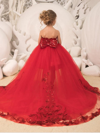 Tulle Ball Gown with Bow Appliques & Paillette for Flower Girl Dresses