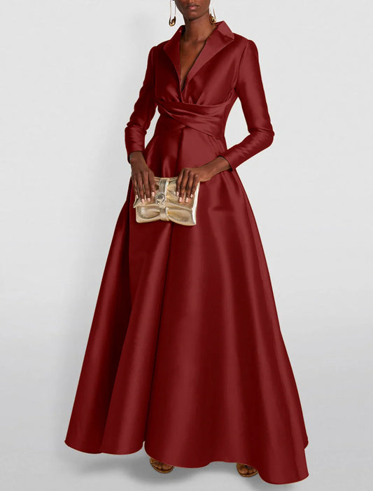 A-Line Evening Gown Elegant Christmas Red Green Dress Formal Wedding Guest Floor Length Long Sleeve Shirt Collar Satin with Ruched 2025