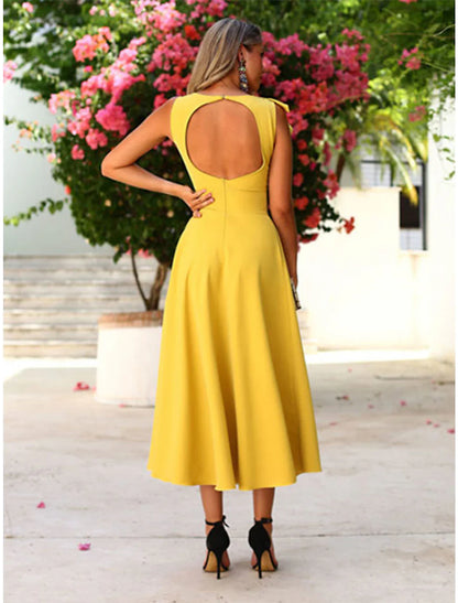A-Line Cocktail Dresses Minimalist Dress Homecoming Wedding Guest Ankle Length Sleeveless Jewel Neck Fall Wedding Guest  Fabric with Ruffles Pure Color