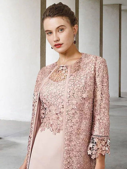 Two Piece Sheath / Column Mother of the Bride Dress Elegant Jewel Neck Knee Length Chiffon Lace Short Sleeve Jacket Dresses with Appliques - RongMoon