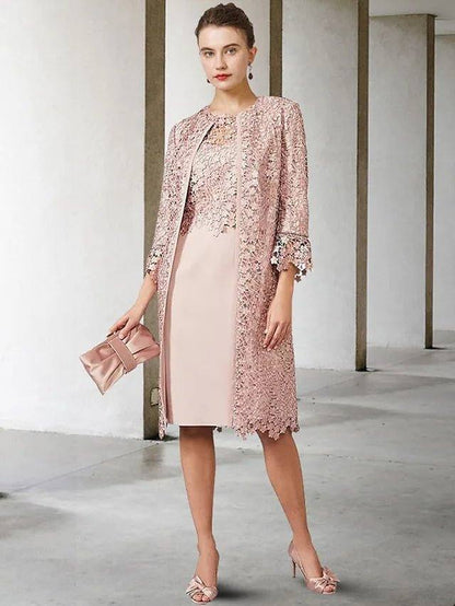 Two Piece Sheath / Column Mother of the Bride Dress Elegant Jewel Neck Knee Length Chiffon Lace Short Sleeve Jacket Dresses with Appliques - RongMoon