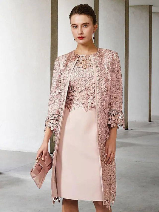 Two Piece Sheath / Column Mother of the Bride Dress Elegant Jewel Neck Knee Length Chiffon Lace Short Sleeve Jacket Dresses with Appliques - RongMoon