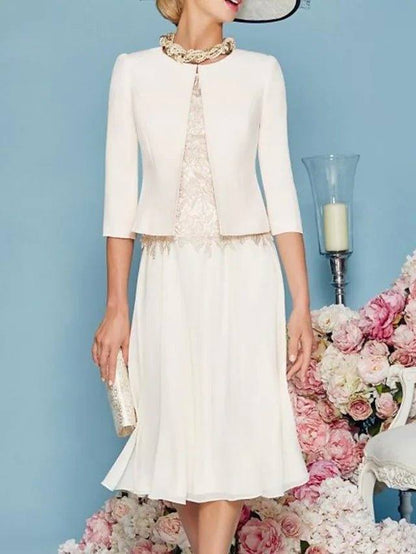 Two Piece Sheath / Column Mother of the Bride Dress Elegant Jewel Neck Knee Length Chiffon Satin Lace 3/4 Length Sleeve Short Jacket Dresses with Appliques - RongMoon