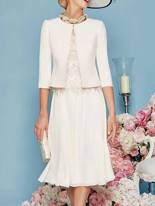 Two Piece Sheath / Column Mother of the Bride Dress Elegant Jewel Neck Knee Length Chiffon Satin Lace 3/4 Length Sleeve Short Jacket Dresses with Appliques - RongMoon
