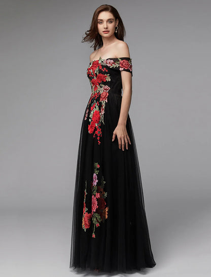 A-Line Prom Dresses Floral Dress Wedding Guest Floor Length Sleeveless Off Shoulder Lace Over Tulle with Embroidery Appliques