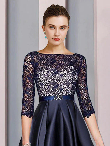 A-Line Mother of the Bride Dress Formal Church Elegant High Low Scoop Neck Asymmetrical Tea Length Satin Lace Half Sleeve with Sash / Ribbon Pleats