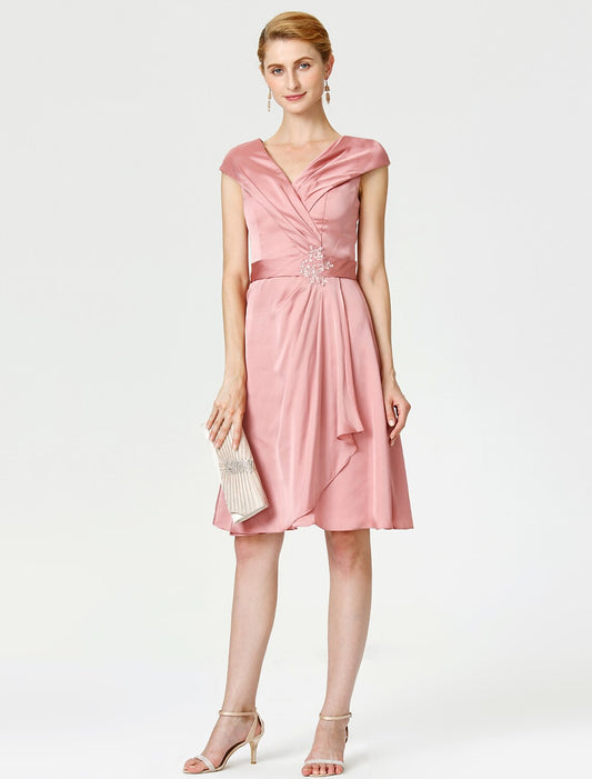 Aimishang A-Line Mother of the Bride Dress Elegant V Neck Knee Length Satin Chiffon Short Sleeve No with Sash / Ribbon Pleats Beading