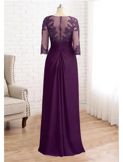 Sheath / Column Mother of the Bride Dress Formal Wedding Guest Elegant Sparkle & Shine Jewel Neck Asymmetrical Floor Length Chiffon Lace 3/4 Length Sleeve with Sequin Appliques