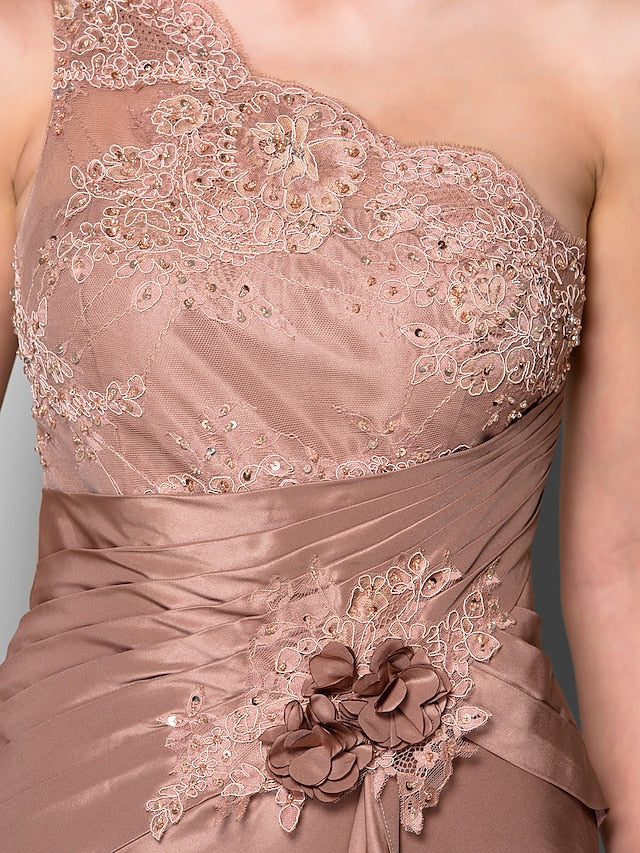 Mermaid / Trumpet Mother of the Bride Dress Floral One Shoulder Sweep / Brush Train Lace Taffeta Sleeveless with Flower