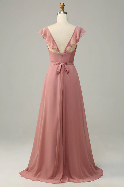 A Line Long Bridesmaid Dress With Slit