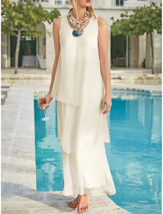 Aimishang Mother of the Bride Dress Wedding Guest Sheath / Column Elegant V Neck Ankle Length Chiffon Sleeveless with Tier