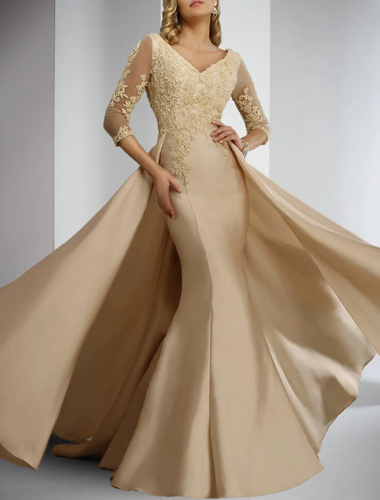 Aimishang Mother of the Bride Dress Sheath / Column Formal Wedding Guest V Neck Floor Length Satin Lace 3/4 Length Sleeve with Appliques