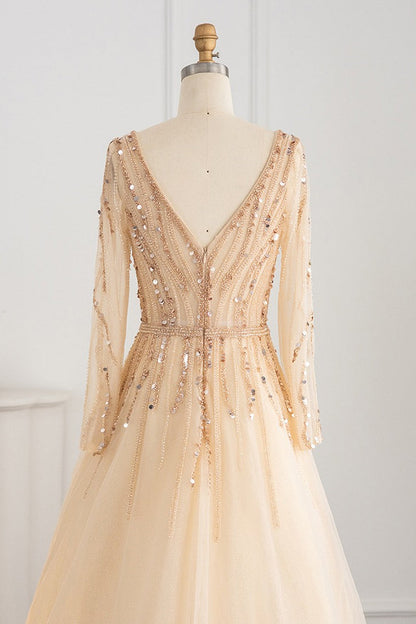 V Neck A-Line Evening Dress with Tulle & Sequins Long Sleeves