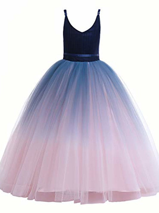 V Neck A Line Flower Girl Dress with Ombre Tulle and Lace