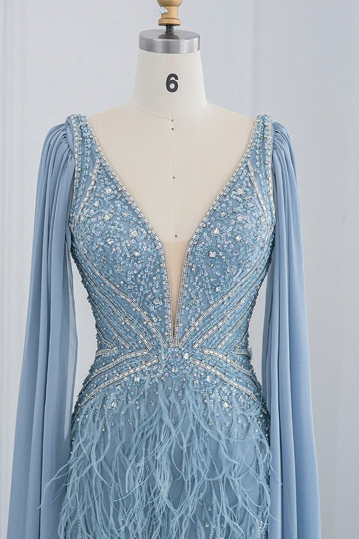 V Neck Feather-Accented Evening Dress with Mermaid Side Split and Open Back