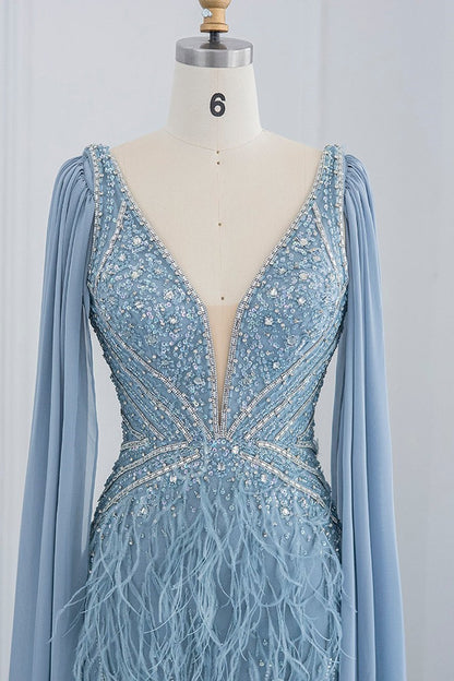V Neck Feather-Accented Evening Dress with Mermaid Side Split and Open Back