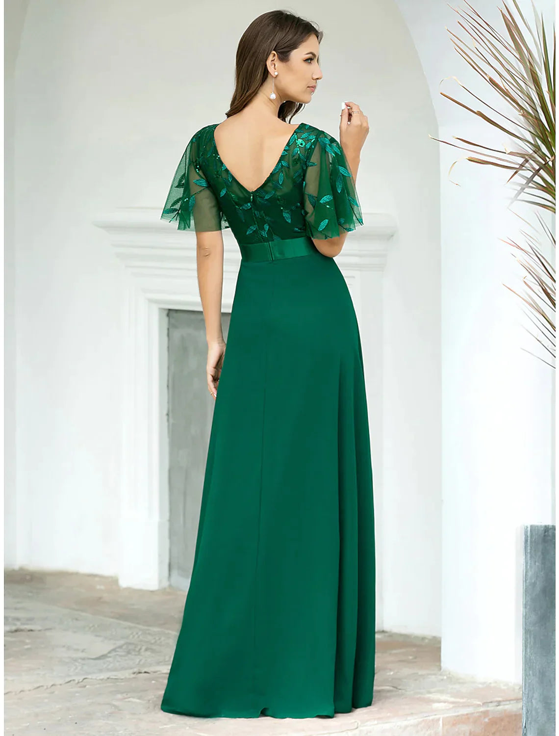 A-Line Prom Dresses Evening Party Floor Length Short Sleeve  Chiffon V Back with Sequin