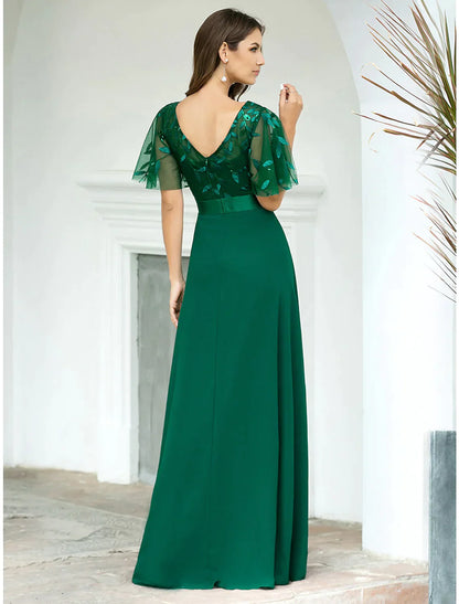 A-Line Prom Dresses Evening Party Floor Length Short Sleeve  Chiffon V Back with Sequin