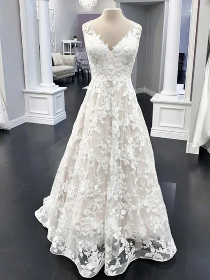 A Line V Neck Floral Lace Long Prom Dresses