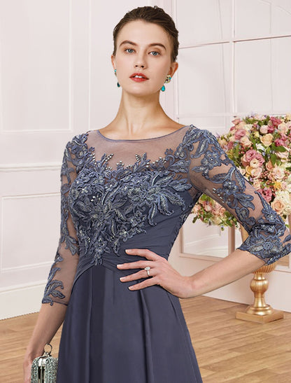 Sheath / Column Mother of the Bride Dress Wedding Guest Simple Elegant Jewel Neck Ankle Length Chiffon Lace 3/4 Length Sleeve with Pleats Sequin