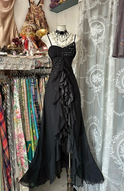 Vintage Black Chiffon Spaghetti Straps Long Prom Dresses