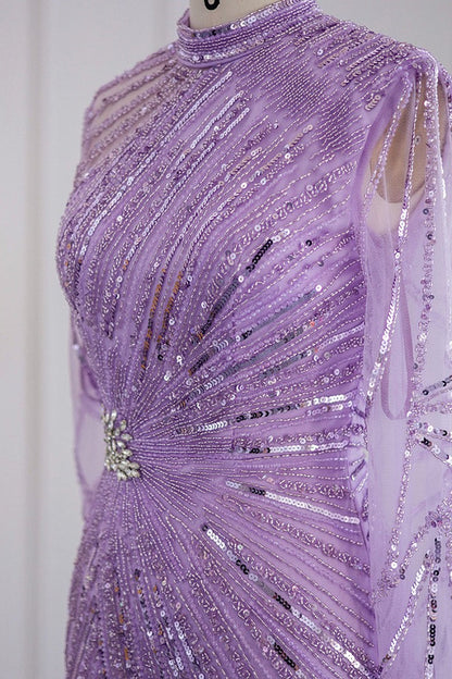 Violet High Neck Mermaid Evening Dress with Tulle Long Sleeves and Sparkle Appliques