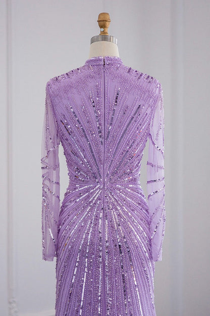 Violet High Neck Mermaid Evening Dress with Tulle Long Sleeves and Sparkle Appliques