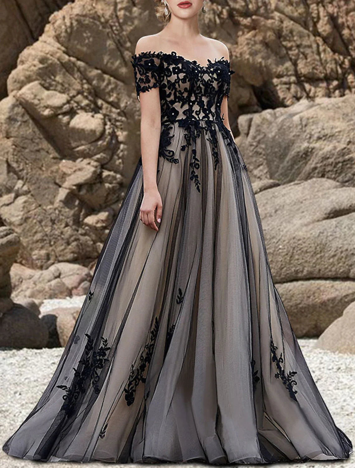 Aimishang Engagement Gothic Wedding Dresses in Color Formal Wedding Dresses A-Line Off Shoulder Short Sleeve Sweep / Brush Train Lace Bridal Gowns With Bow(s) Appliques