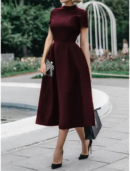 A-Line Wedding Guest Dresses Minimalist Dress Party Dress Wedding Party Tea Length Short Sleeve High Neck  Satin with Pleats Pure Color