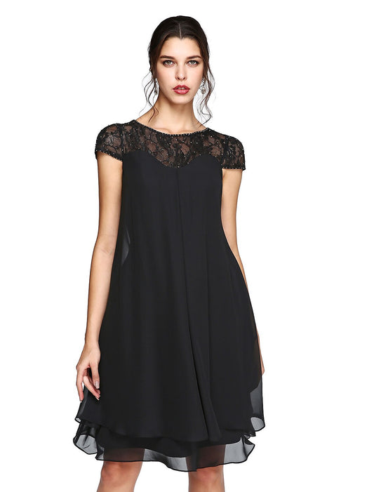 Aimishang A-Line Mother of the Bride Dress Plus Size Elegant Illusion Neck Knee Length Chiffon Lace Short Sleeve with Sequin